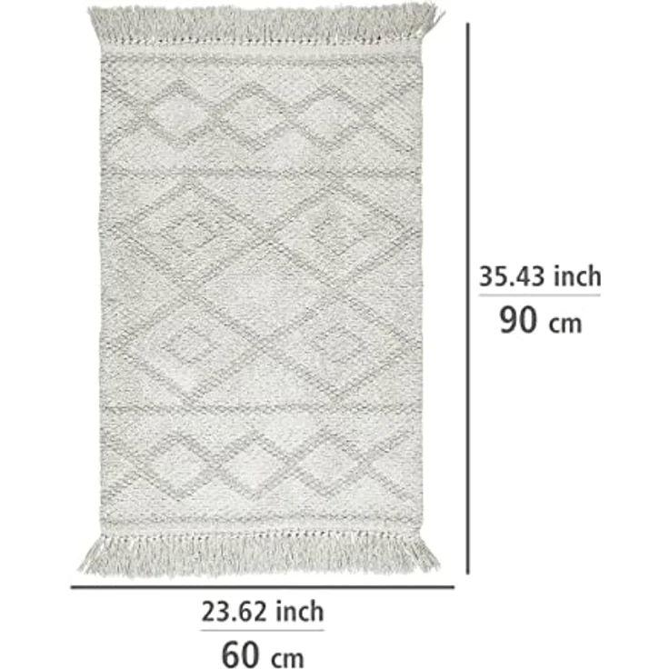 WENKO Badematte Urla Grau, 100 % Bio-Baumwolle, rutschhemmend, 60 x 90 cm, Jacquard-Muster mit Fransen – Bild 5