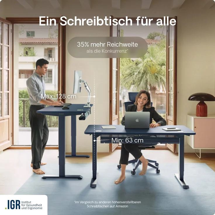 Desktronic HomePro Elektrisch höhenverstellbarer Schreibtisch 140x70cm Blau/Blau mit Memory-Funktion, Anti-Kollisions Technologie, USB-A und USB-C-Ladeanschlüssen – Bild 7