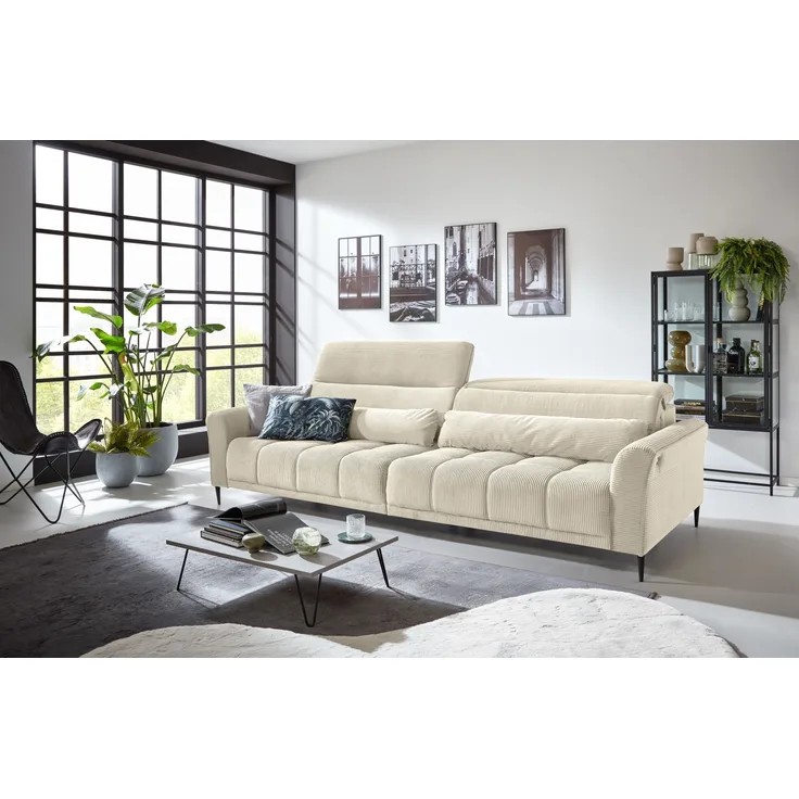 Big-Sofa >Wolve< 1x elektr. Verstellung, 2 Kissen, Cord beige - 280x108x118cm (BxHxT)