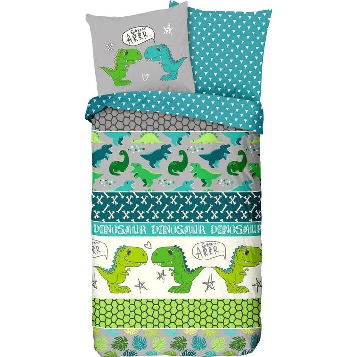 good morning Renforcé Kids Bettwäsche 2 teilig Bettbezug 135 x 200 cm Kopfkissenbezug 80 x 80 cm Dinosaur 6596.03.08 Grey