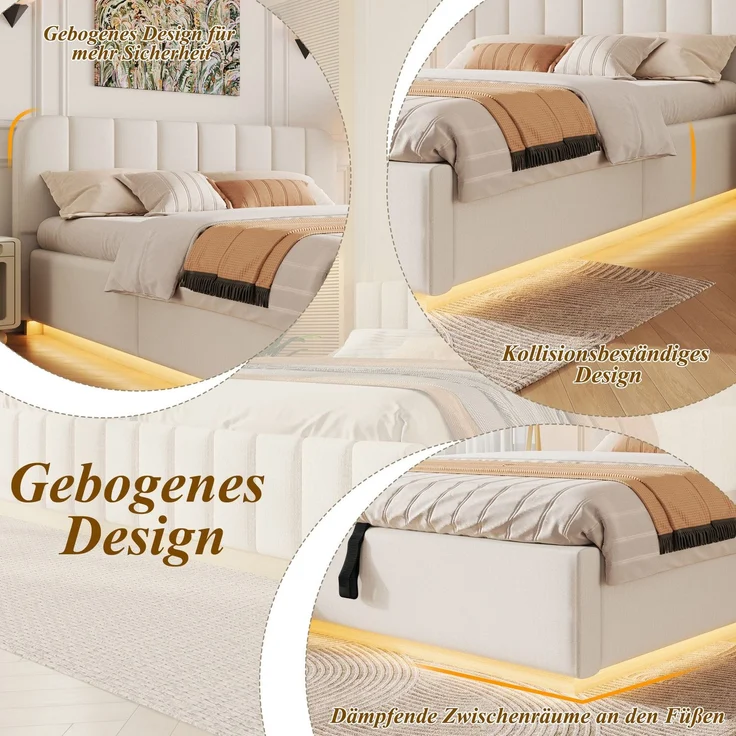 Polsterbett mit LED-Beleuchtung und Stauraum, 140x200 cm, gepolsterter Kopfteil, Stauraumbett, Chenille – Bild 5