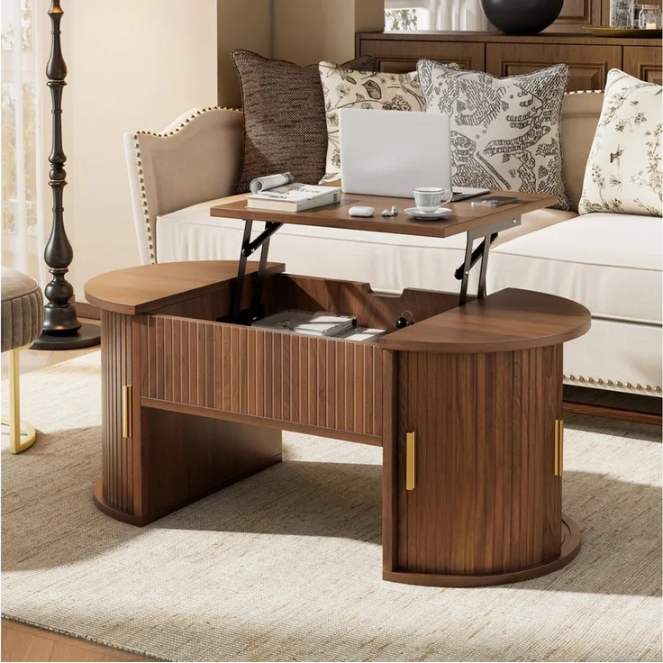 HAUSS SPOLE Couchtisch höhenverstellbar Sofatisch mit Schiebetüren,Stauraum,Nussbaum (Multifunktionstisch Wohnzimmertisch mit höhenverstellbarer Tischplatte und zwei Schiebetüren), Sofa-Beistelltisch mit abgerundeten Kanten