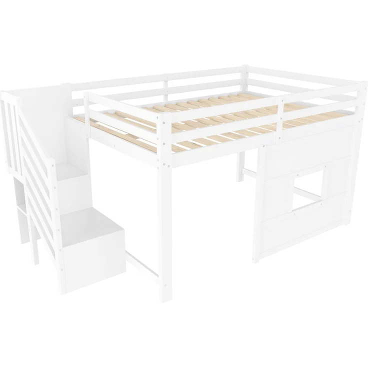 EINHOM 140 x 200 Cmhochbett mit Stauraumtreppe und Fenster, 140 x 200 cm, Weiß, (Ohne Matratze) – Bild 5