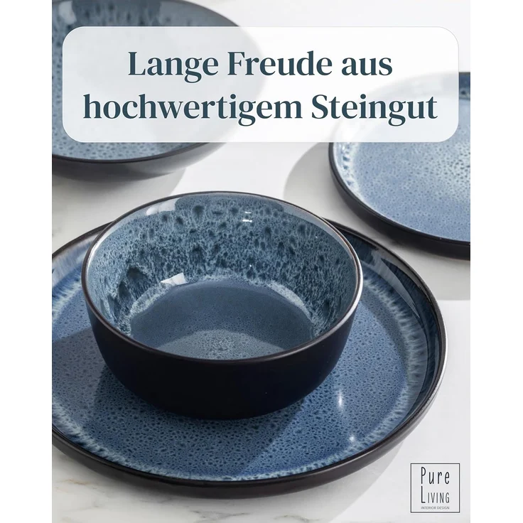 Steingut Geschirrset 4 Personen Ibiza 16-tlg - Hochwertiges Mediterranes Steingut Geschirr Set - Schüssel- und Teller Set - Tafelservice 4 Personen - Geschirrsets Pure Living Schwarz Rauchblau – Bild 6