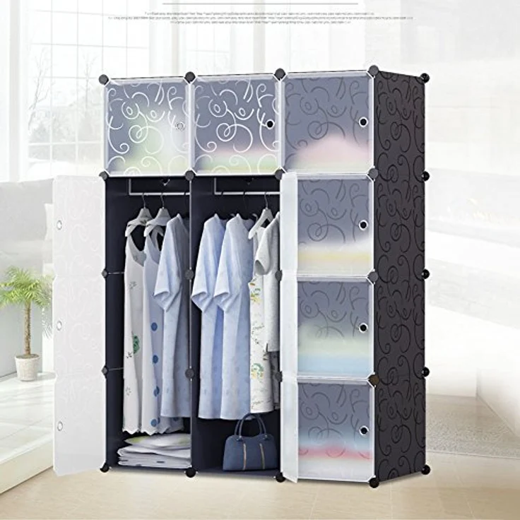 Mondeer Schrank Würfel 184 x 37 x 147 cm, Tragbar, Modular, mit Stange zum Selbermachen, Kleiderschrank, Kombiniert, Platzsparend, Kunststoff, Organizer, Würfel, Garderobenständer, 12 Würfel, Schwarz – Bild 10