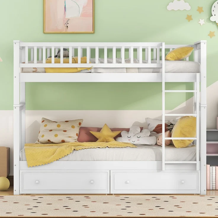 Etagenbett mit 2 Schubladen, stapelbares Hochbett umwandelbar in 2 Einzelbetten, platzsparendes Doppelbett für Kinder & Jugendliche,Weiß – Bild 3