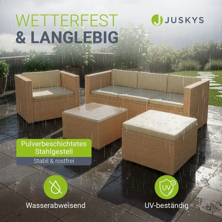 Juskys Polyrattan Lounge Punta Cana L creme – Gartenlounge für 4-5 Personen – Sitzgruppe mit Sessel, Sofa, Tisch & Hocker - Sitzbezüge Sand – Bild 2