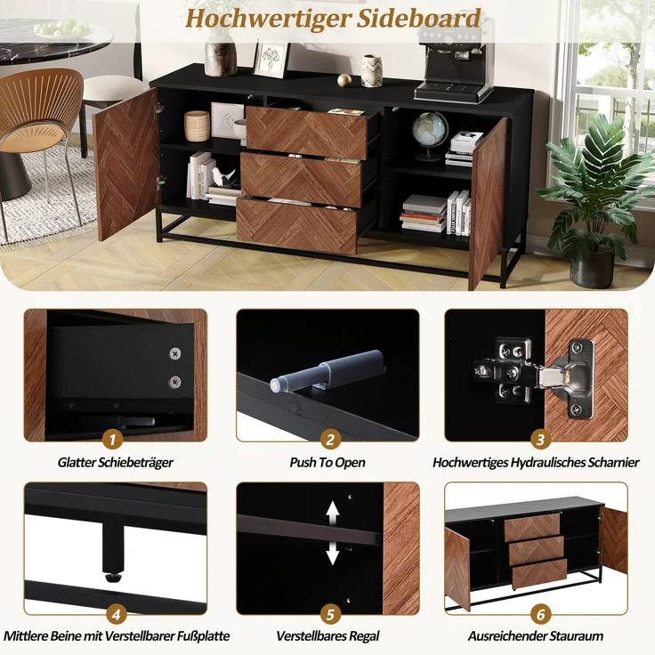 Sideboard Metallgestell mit 3 Schubladen & 2 Schranktüren 145x40x67 cm Eiche+Schwarz – Bild 7