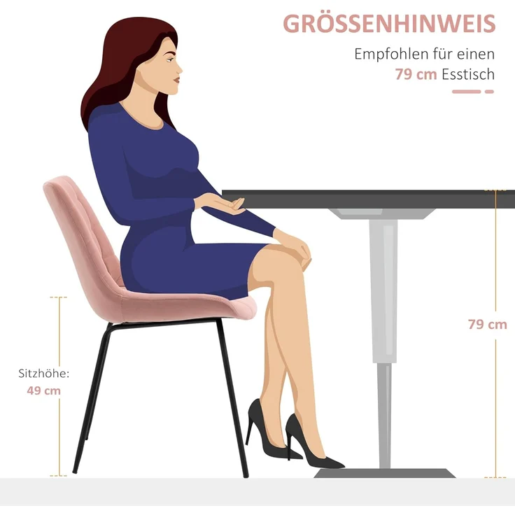 HOMCOM Esszimmerstühle 2er Set Küchenstuhl mit Rückenlehne, Samtoptik, Sessel Stühle, Wohnzimmerstuhl mit Stahlbeine Retrodesign Polsterstuhl für Esstisch, Rosa – Bild 3