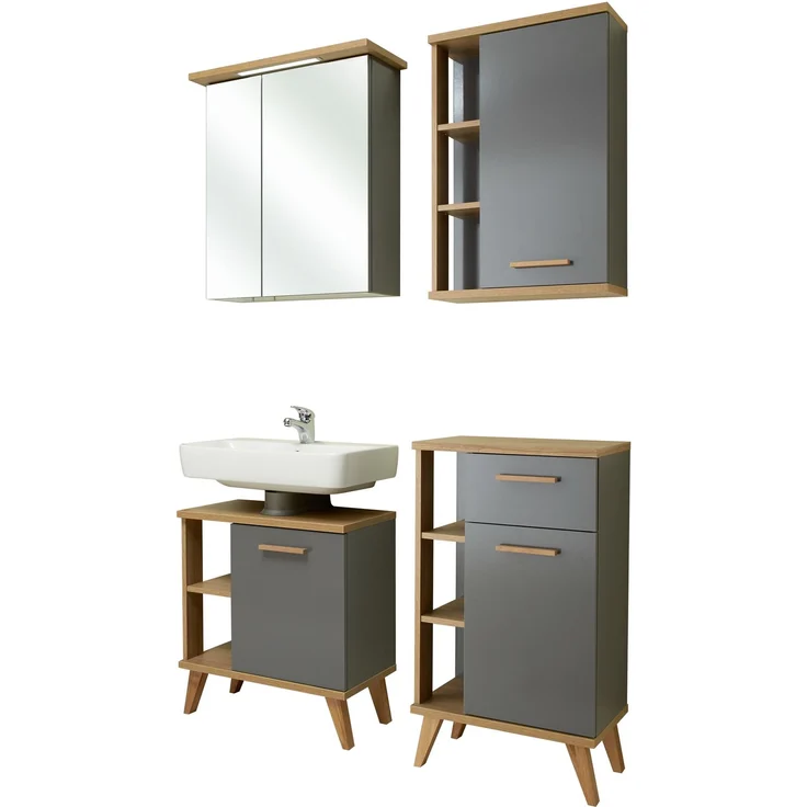 Pelipal Badmöbel-Set, Quickset 924, Quarzgrau Glanz/Riviera Eiche - Waschbeckenunterschrank, Spiegelschrank, Unterschrank mit Regal, Hängeschrank mit Regal – Bild 2
