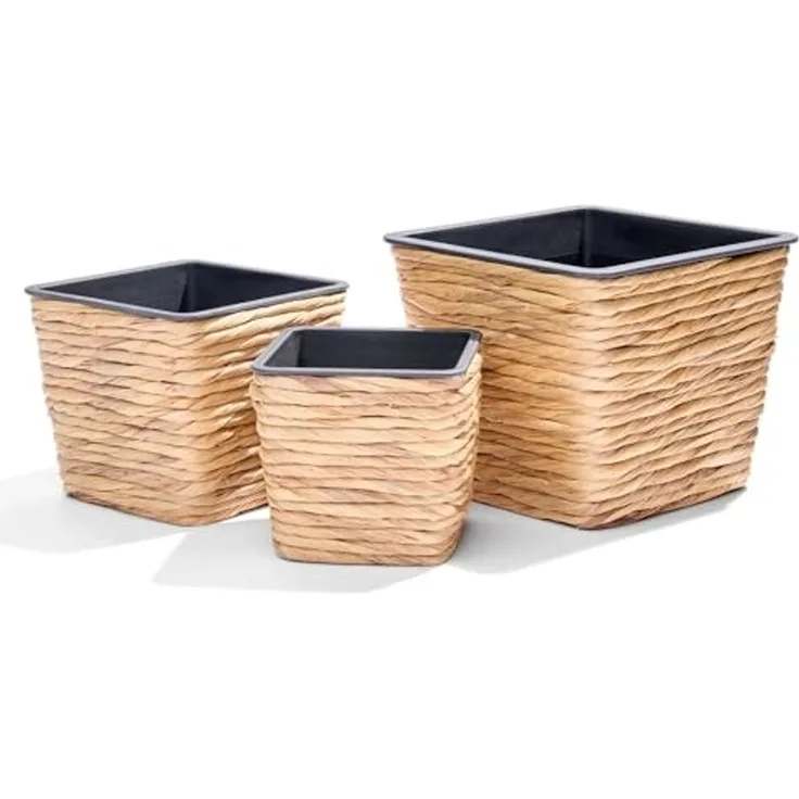 INtrenDU Blumentopf Seegras Eckig 3er Set mit Innentopf (Schwarz – Pflanzkorb Geflochten Uebertopf Boho Deko, Pflanztopf Quadratisch 3 Groessen fuer Zimmerpflanzen)
