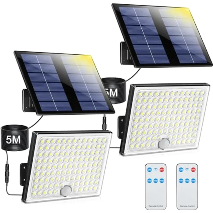 Realky Solarlampen für Außen mit Fernbedienung,Außenlampe mit bewegungsmelder,IP65 Wasserdichte Solarleuchte mit 5m Kabel für Garage, Garten, Hof, Stufen, Haustüren, Rasen- 2 Stück Warmweiß – Bild 2
