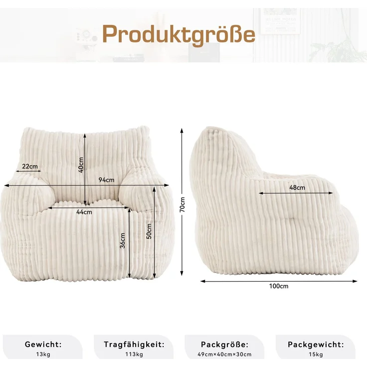 Sitzsack aus Cord mit Memory-Schaumstoff-Füllung, 100x94x70 cm, Beige – Bild 4
