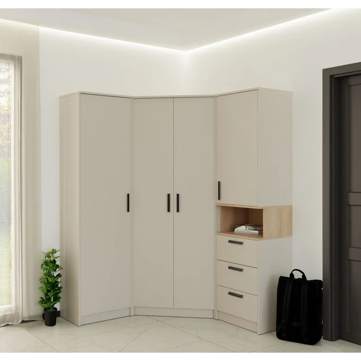 Marmex Möbel Kleiderschrank GRANT SET 45C Eckkleiderschrank Drehtürenschrank Regal (3-St) Scharniere-Soft-Close, Schubladen, ausziehbare Kleiderstange – Bild 1