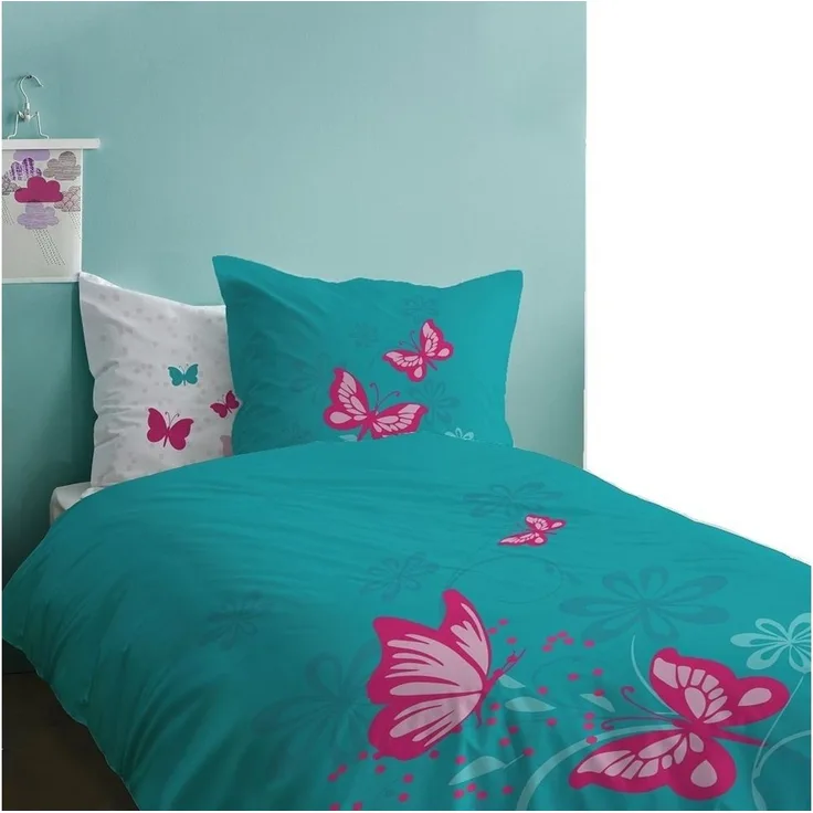 Butterfly Bettwäsche Set für Mädchen mit Schmetterling Motiv 135x200 + 80x80 cm Türkis-Weiß aus 100% Baumwolle