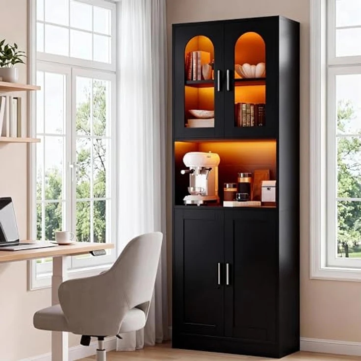 YITAHOME Hohes Bücherregal, Holzregal mit Schranktüren, modernes Bücherregal mit Präsentationsfläche, Aufbewahrungsschrank mit Beleuchtung für Zuhause, Büro, Wohnzimmer, Schwarz – Bild 9