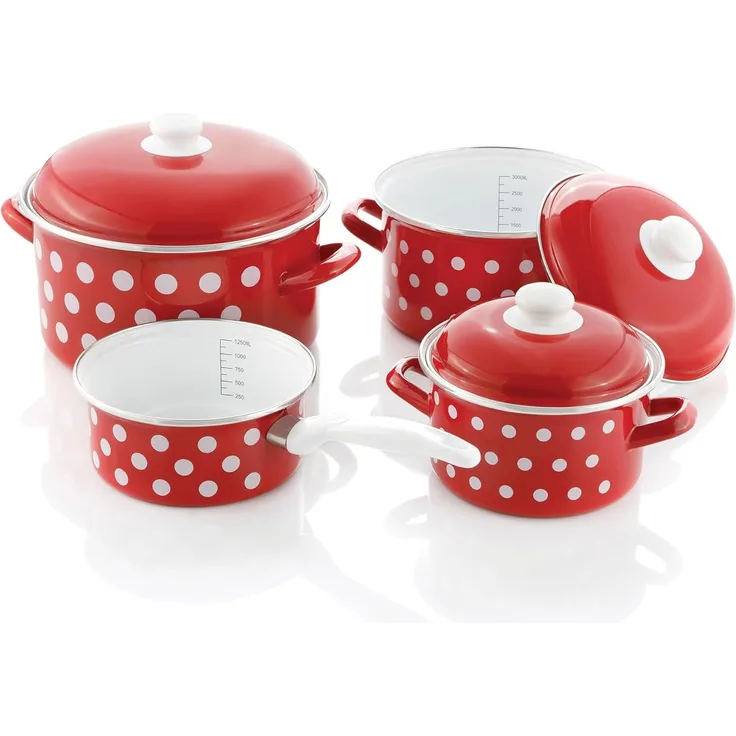 GSW Topf-Set, Stahl-Emaille (Set, 7-tlg, je 1 Kochtopf Ø 16/20/24 cm, 1x Stielkasserolle Ø 16 cm), Induktion