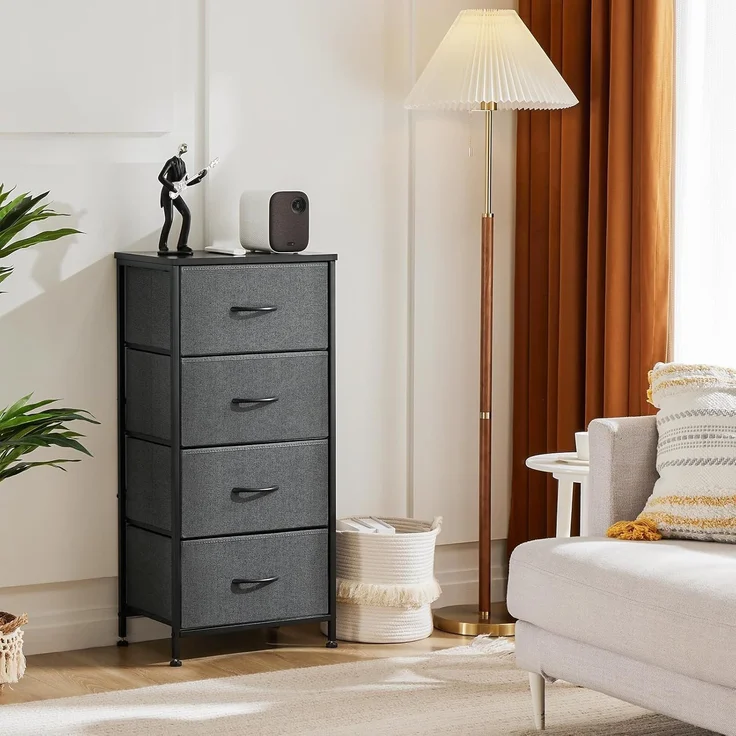 Sweetcrispy Kommode mit 4 Schubladen, Stoff Schubladenschrank, Schmal Schrank, Kommode Schlafzimmer, Industrial Stil für Wohnzimmer, Kinderzimmer, Flur Aufbewahrungsschrank, Hellgrau – Bild 2