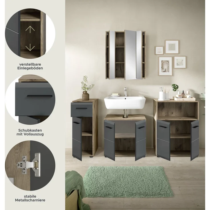 Badkombination (B/H/T: 180x185x30 cm) in schwarz matt und Nox Oak Nachbildung – Bild 7