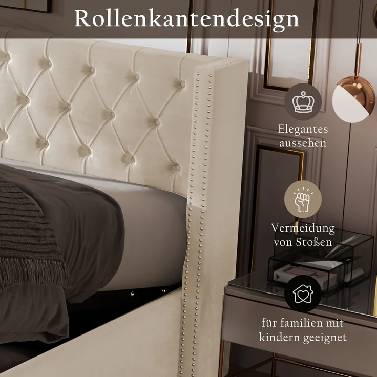 Polsterbett 140x200 cm aus Samt mit Bettkasten – Chesterfield-Design, Kopfteil 94,5 cm – Bild 3