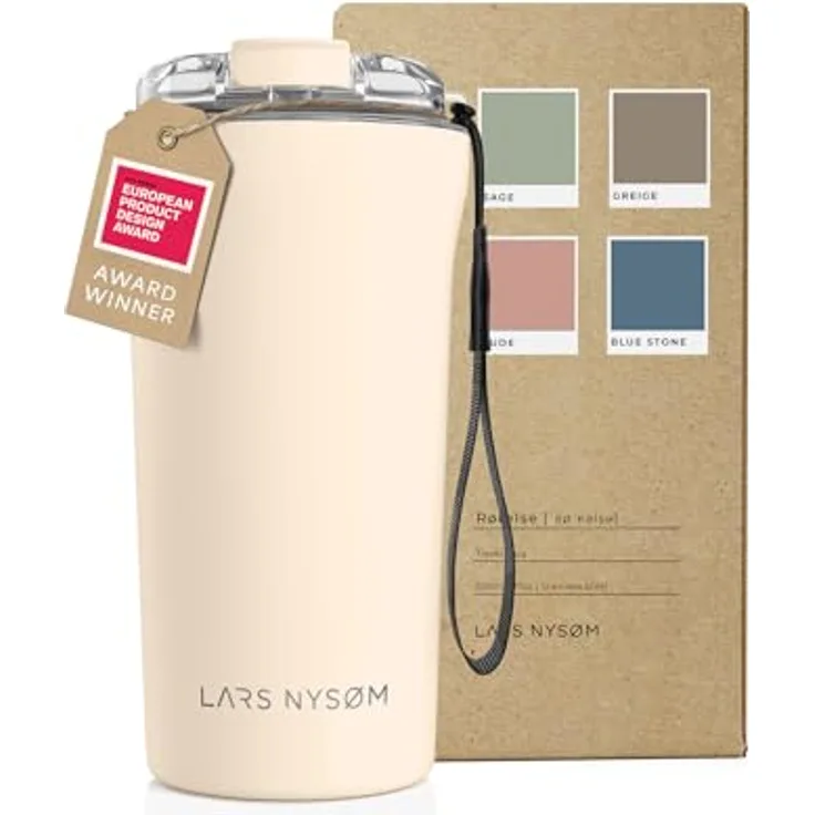 LARS NYSØM Thermo Kaffeebecher to go mit Trageschlaufe & Tritan Deckel | Travel Mug 0,5 Liter mit Isolierung | Auslaufsicherer Edelstahl Thermobecher für Café & Tee (Almond Beige, 500ml)