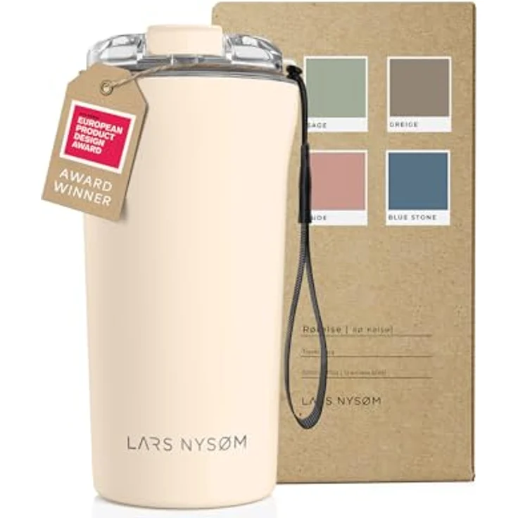 LARS NYSØM Thermo Kaffeebecher to go mit Trageschlaufe & Tritan Deckel | Travel Mug 0,5 Liter mit Isolierung | Auslaufsicherer Edelstahl Thermobecher für Café & Tee (Almond Beige, 500ml) – Bild 1