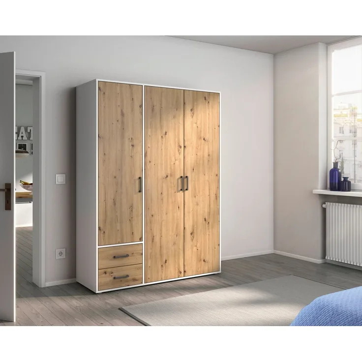 Rauch Möbel 'Voyager' Kleiderschrank, Holz, Eiche Artisan | Weiß, Zubehör Basic, Breite 140 cm | Ohne Spiegel