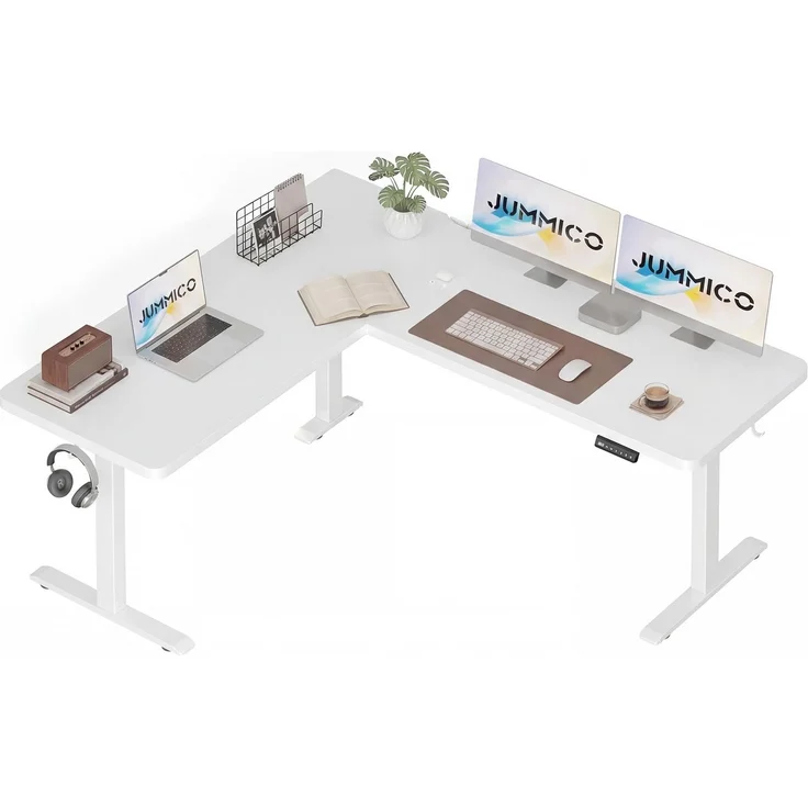 JUMMICO Höhenverstellbarer Schreibtisch L-förmig mit 3 Speicherhöhen & Kabelmanagement, 160x140 cm Eckschreibtisch Höhenverstellbar, Ergonomischer Computertisch für Homeoffice & Gaming, Weiß