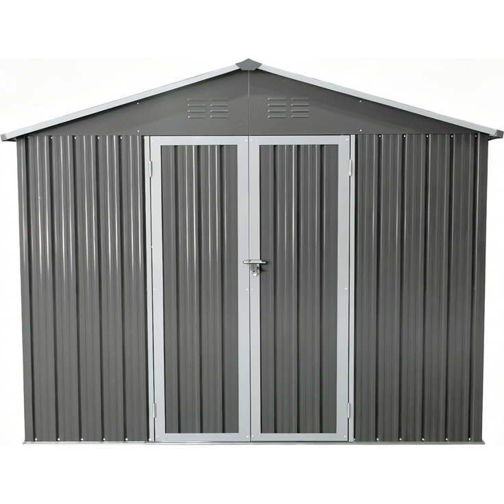 ZUBALIYA Metall-Gartenschuppen 10x8 ft mit Spitzdach in Grau als Außenlager. Der Schuppen ist mit einem integrierten Bodenrahmen ausgestattet. Grundfläche: 7,46 m² – Bild 16