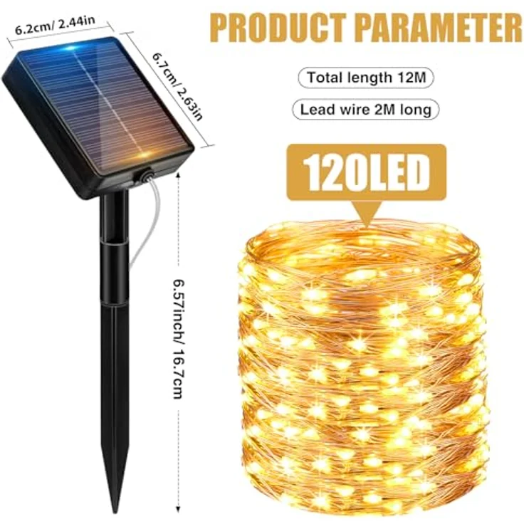 litogo Solar Lichterkette Aussen, 12M 120 LED Lichterkette Außen Wasserdicht KupferDraht 8 Modus Solarlichterkette Deko für Garten, Balkon, Terrasse, Tor, Hof, Hochzeit, Party (Warmweiß) – Bild 8