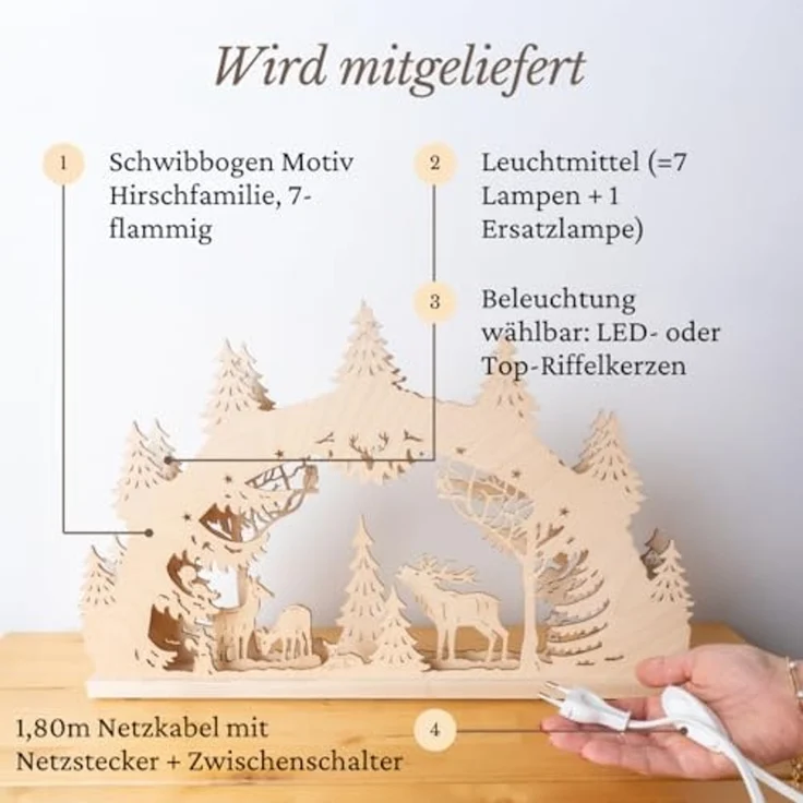 Weigla Schwibbogen Hirschfamilie, Lichterbogen aus Holz, NATUR, Made in Germany (1-tlg), Erzgebirge garantiert, Weihnachtsdeko Innen, Weihnachtsbeleuchtung – Bild 6