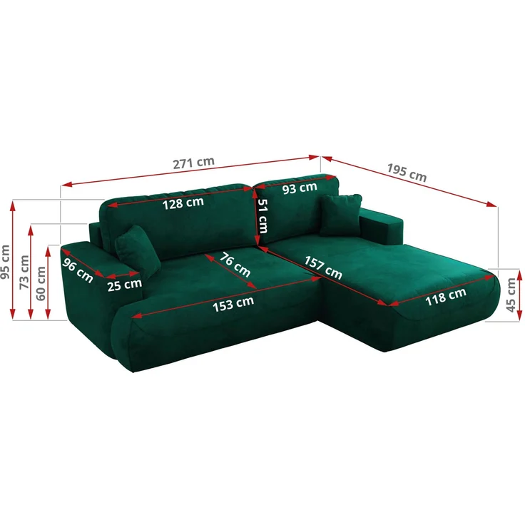 Ecksofa OVO mit schlaffunktion und bettkasten, Wellenfeder, lose Kissen, L-form 271x195 cm - Dunkelgrün Velvet - rechte Seite – Bild 6
