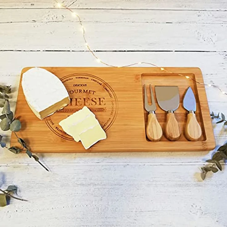Schneidebrett Excellent Houseware aus Holz zum Servieren mit Messer für Käse 38x18 cm – Bild 3