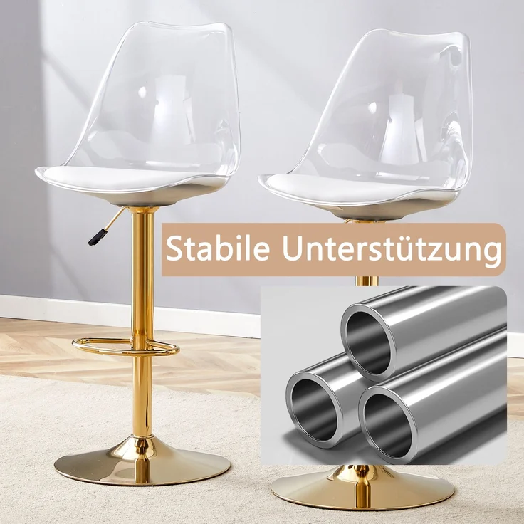 Moderner verstellbarer Barhocker-Satz, 2 Stück mit transparenten Kunststoffrücken und PU-Ledersitzen, goldfarbigen Metallbeinen, Höhenverstellbar und 360° drehbar, geeignet für Küchen, Bistros usw.--Gold, Transparent--45.7x53.3x63.5cm--YOUDENOVA – Bild 5