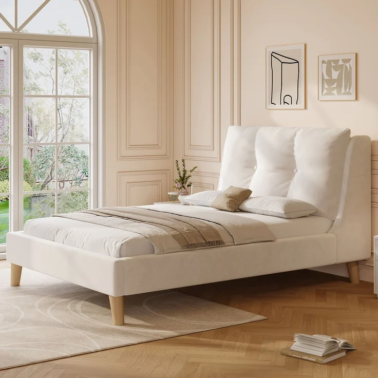 Merax Polsterbett, Einzelbett, Kinderbett 90 x 200cm, Bett mit Lattenrost und Kopfteil, Bettbeine aus Massivholz, gepolstertes Kopfteil, samt, beige – Bild 3