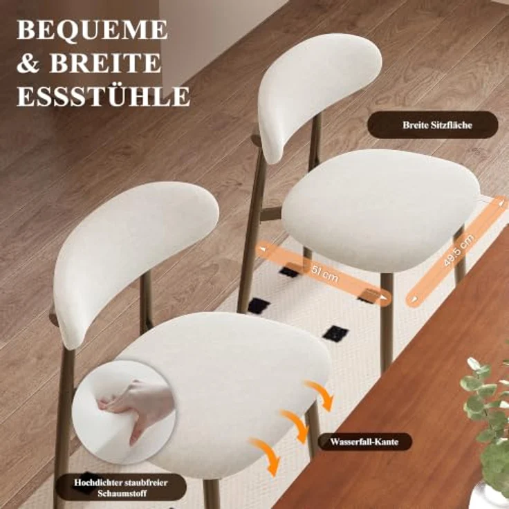 MALOL Esszimmerstühle 2er Set, Gepolsterte Stühle Esszimmer, Küchenstühle, Esstisch Stühle mit geschwungener Rückenlehne & Metallfüßen, moderne Stoffstühle für Küche, Wohnzimmer und Gastronomie, Beige – Bild 6