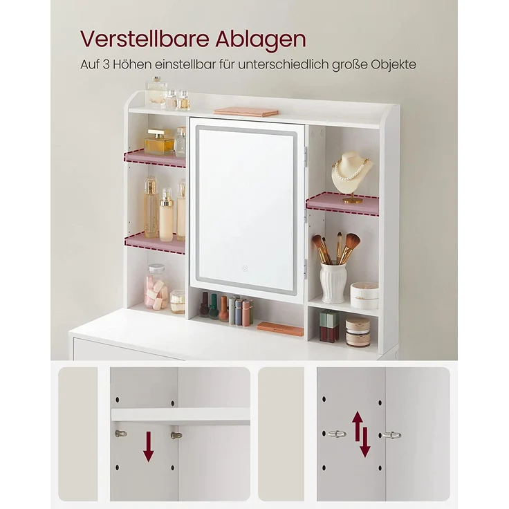 VASAGLE Schminktisch mit LED-Beleuchtung, 3 Farben mit Einstellbarer Helligkeit, Frisiertisch mit Spiegel für Make-up, Kosmetiktisch mit verstellbaren Ablagen, 2 Schubladen, modern, weiß – Bild 7