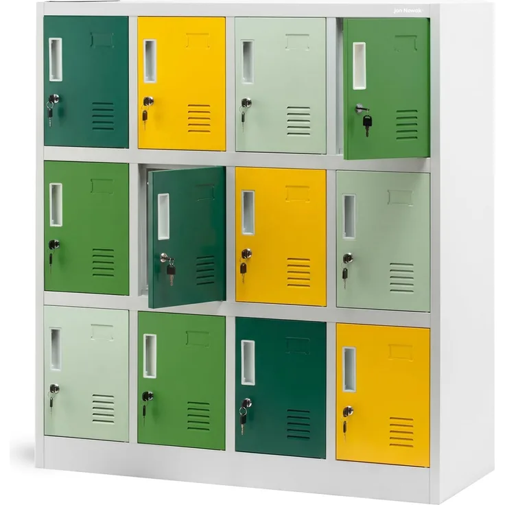 Jan Nowak Metallschrank Schule Kindergarten mit 12 abschließbaren Fächern, Schließfachschrank Stahl, Garderobenschrank Kinder, Kita Spind Hort, 120 x 109 x 45 cm