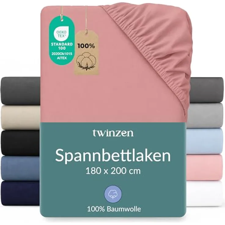 Twinzen Spannbettlaken 180x200cm, 100% Jersey Baumwolle, Rosa, Oeko-Tex zertifiziert, atmungsaktiv und pflegeleicht