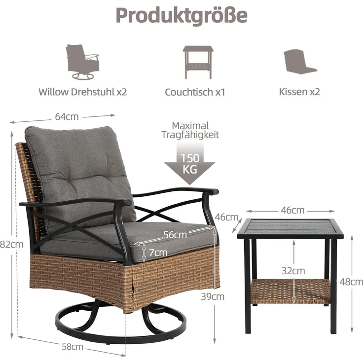 LVHOM Gartenmöbel-Set 3-tlg, Balkonset inkl. 2 drehbare Sessel und Tisch, Polyrattan, wetterfest, Gartenlounge-Set, Grau – Bild 7