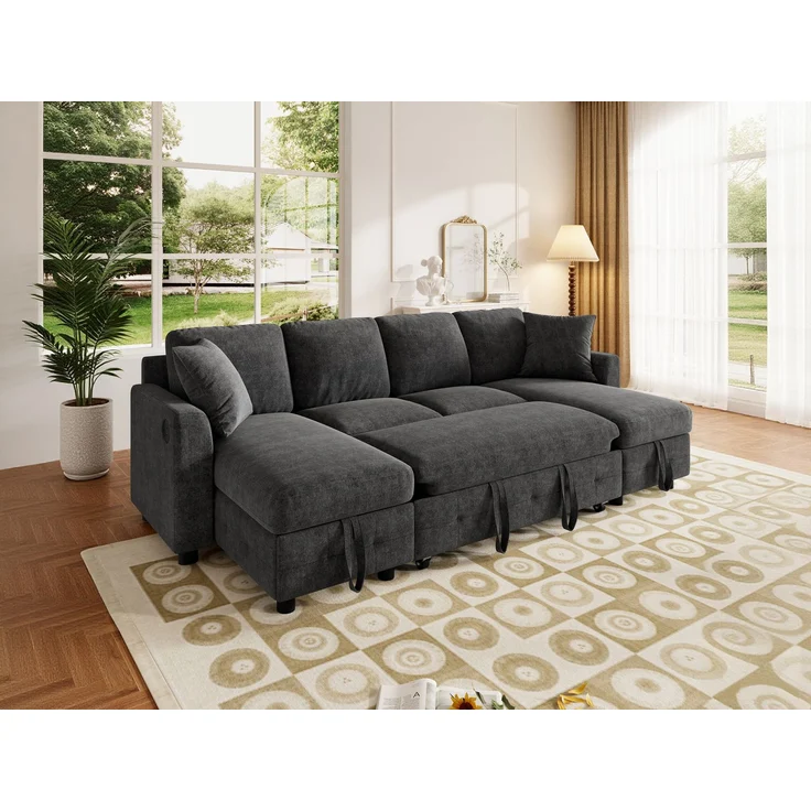 ZUBALIYA Schlafsofa 61x107 cm, mit USB - Anschluss, mit Stauraum, mit Ausziehbett, mit Chenille - Bezug, mit breiten Armlehnen, Grau – Bild 17