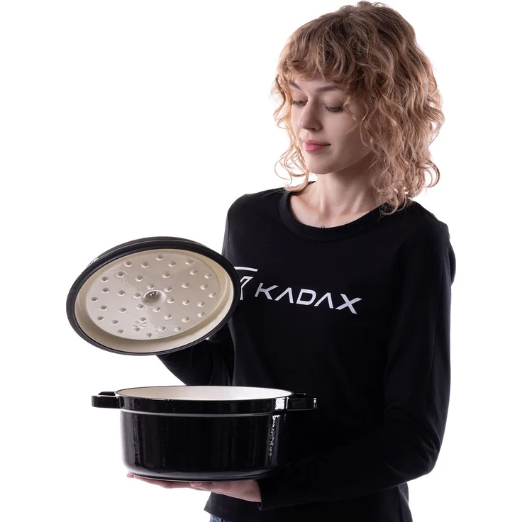 KADAX Gusseisentopf 4,5 Liter, Ø 23 cm, Schmortopf aus emailliertem Gusseisen, Rund Topf mit Deckel, Bräter zum Schmoren, Braten, Kochen & Backen, Bratentopf (Schwarz) – Bild 4