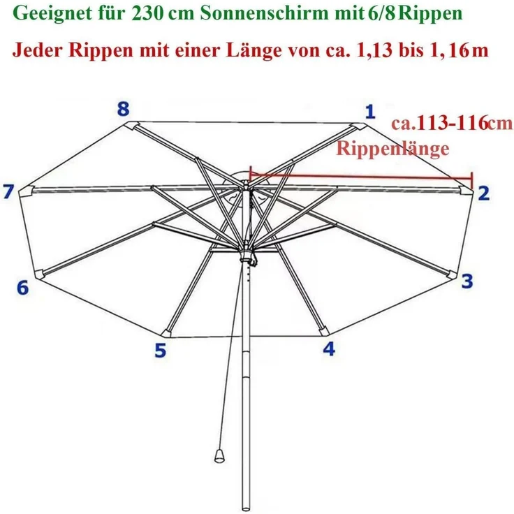Sonnenschirm Ersatzbezug 3m 4m 270cm UV 230 cm 6 streben Taupe – Bild 2