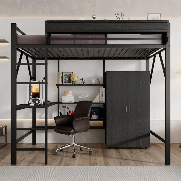 Merax Hochbett, 140x200cm Kinderbett, Doppelstöckiger Stauraum unter dem Schreibtisch, Oberes Bett mit Stauraum, Mit Kleiderschrank, Schwarz