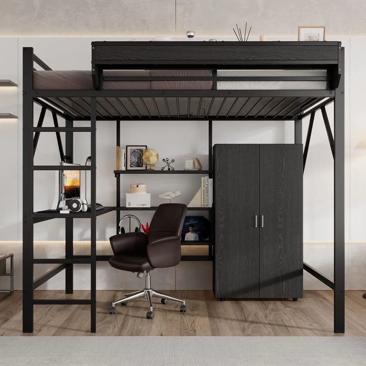 Merax Hochbett, 140x200cm Kinderbett, Doppelstöckiger Stauraum unter dem Schreibtisch, Oberes Bett mit Stauraum, Mit Kleiderschrank, Schwarz – Bild 1