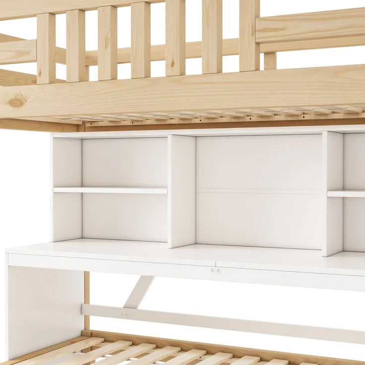 Bett Etagenbett 90x200 + 90x190 cm mit ausziehbarem Bett, Schreibtisch und Stauraum, ohne Matratze – Bild 10