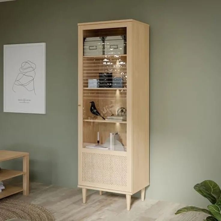 Forte CALASETTA Vitrine 60, Boho-Vitrinenschrank mit Rattangeflecht, 1-türig, Holzwerkstoff, Elegancia Eiche | Technorattan, 60,4 cm breit x 198,5 cm hoch x 41,4 cm tief