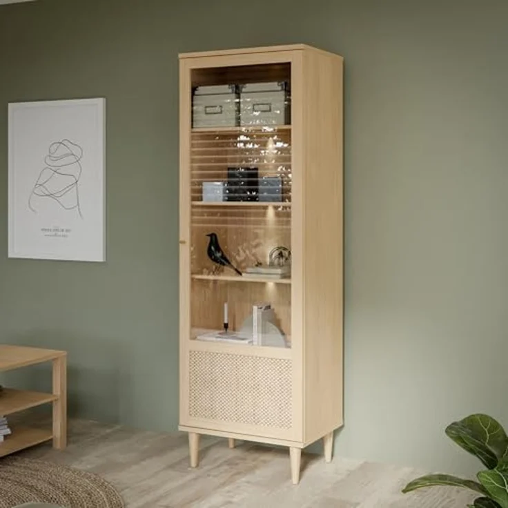 Forte CALASETTA Vitrine 60, Boho-Vitrinenschrank mit Rattangeflecht, 1-türig, Holzwerkstoff, Elegancia Eiche | Technorattan, 60,4 cm breit x 198,5 cm hoch x 41,4 cm tief – Bild 1