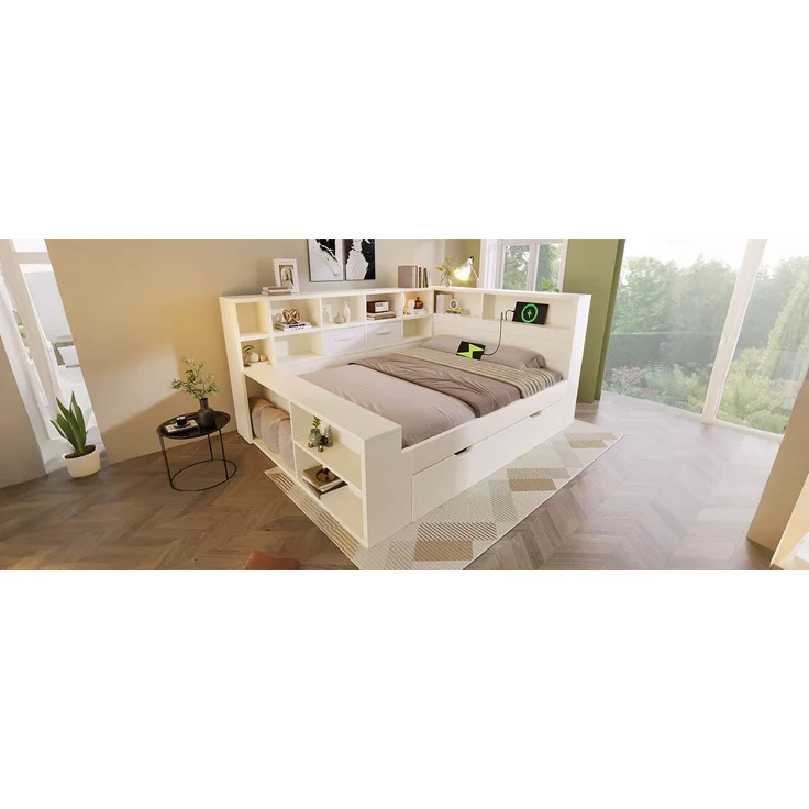 TavilaEcon Stauraumbett Holzbett mit Ausziehbett, 8 Staufächern & USB-/Type-C-Ladeanschlüssen weiß Liegefläche 140 × 200 cm – Bild 2
