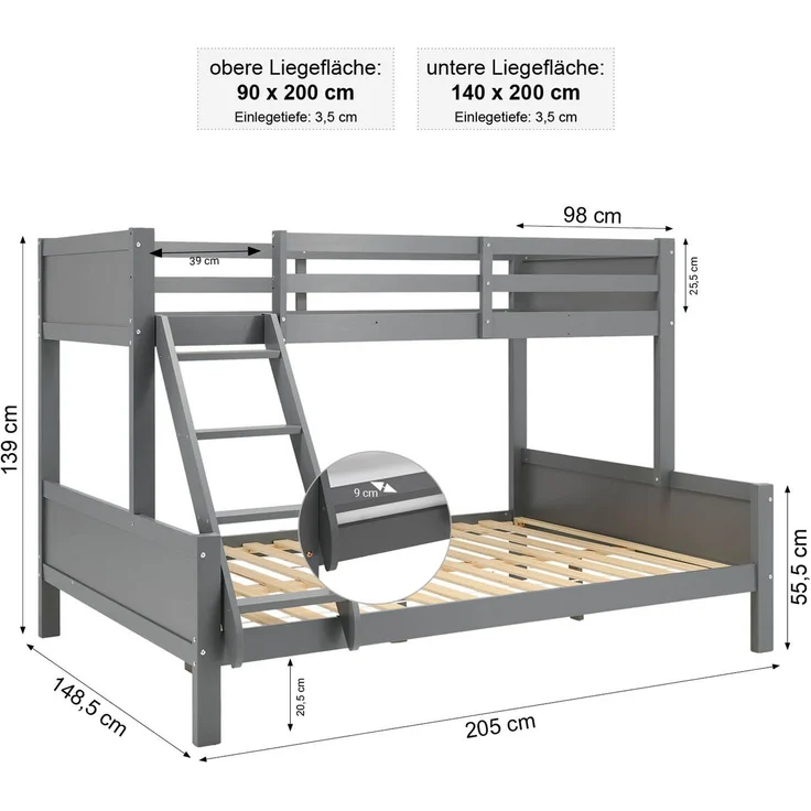 Etagenbett 90x200 und 140x200 Kinder mit 2 Matratzen, Grau Holz Hochbett – Bild 3